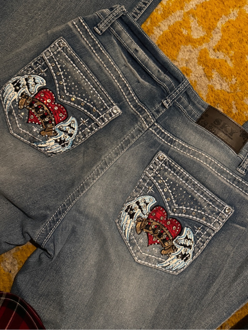 Sky Women's Boot Cut Jeans with Red Heart Wing Embroidery
